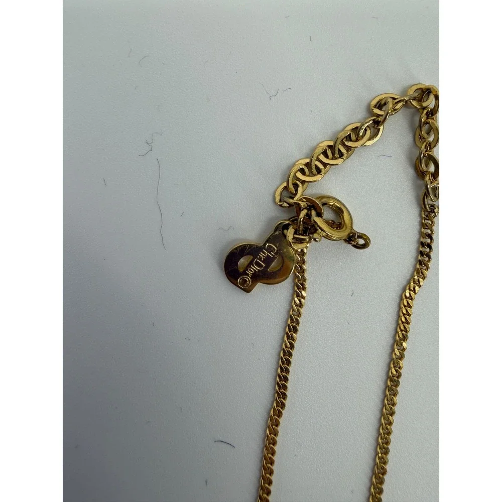 Authentic Vintage Dior Crystal Logo‎ Pendant Necklace Gold Tone Designer Jewelry